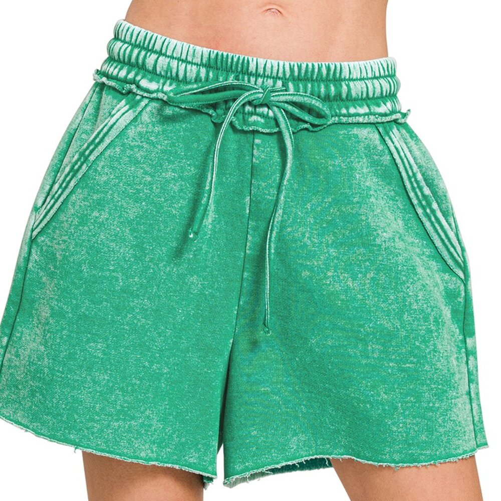 NWT Ladies Kelly Green Acid Wash Fleece Drawstring Shorts with Pockets SM MD